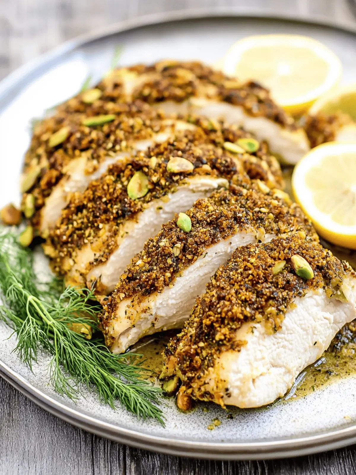 Pistachio Crusted Baked Chicken with Lemon Dill Vinaigrette