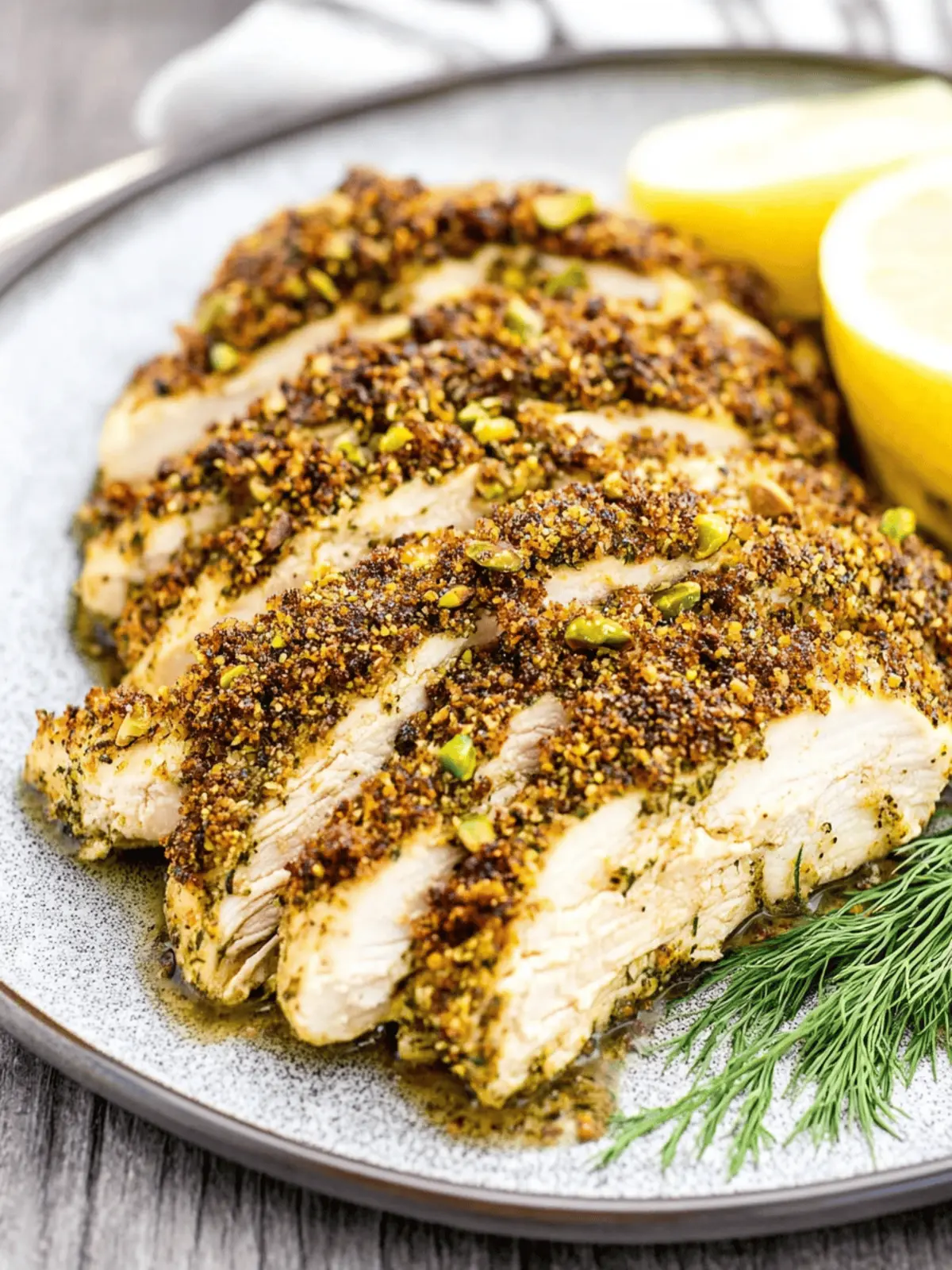 Pistachio Crusted Baked Chicken with Lemon Dill Vinaigrette