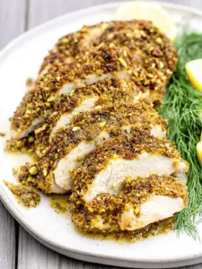 Pistachio Crusted Baked Chicken with Lemon Dill Vinaigrette