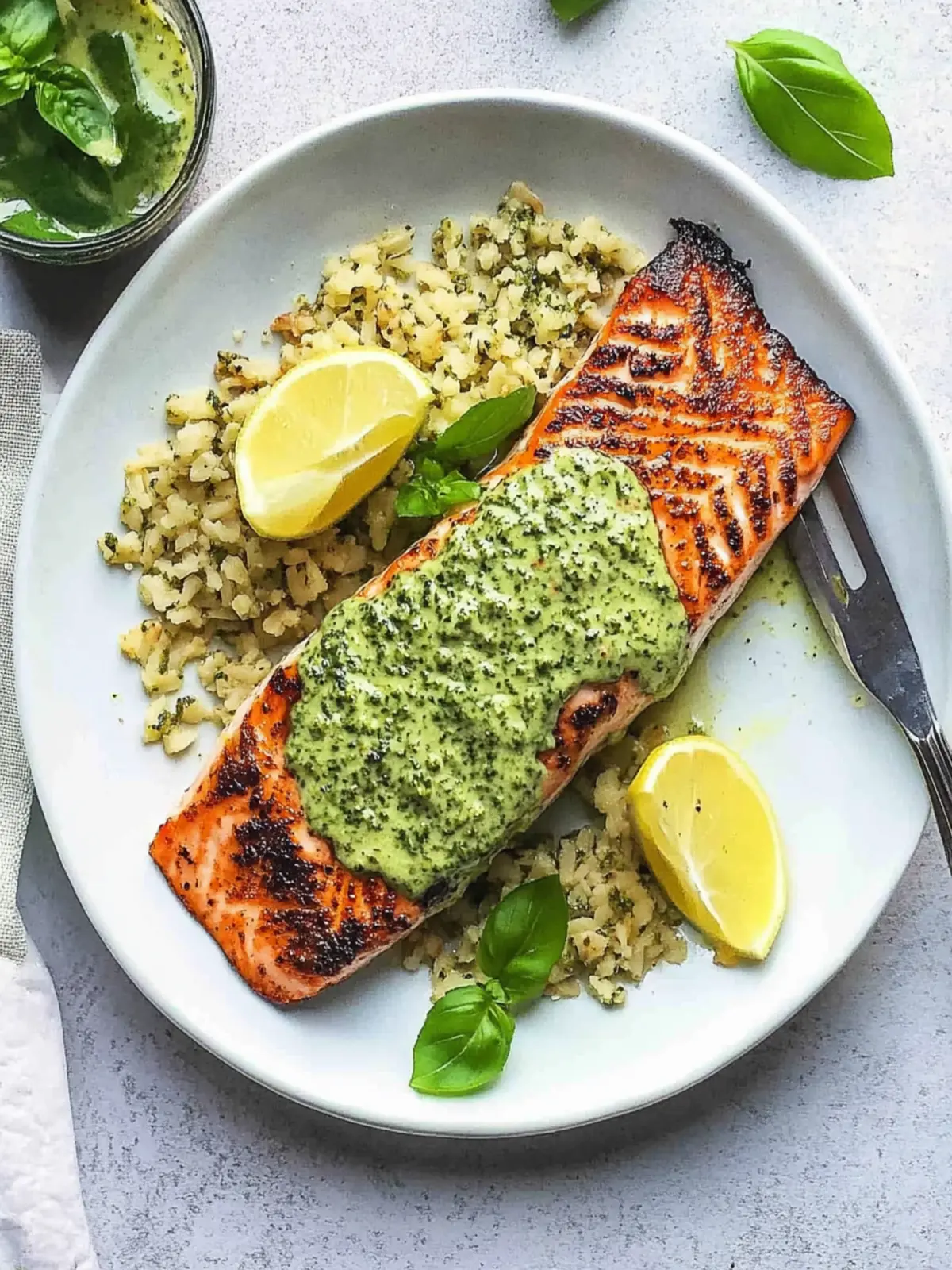 Baked Salmon with Pesto Cream Sauce