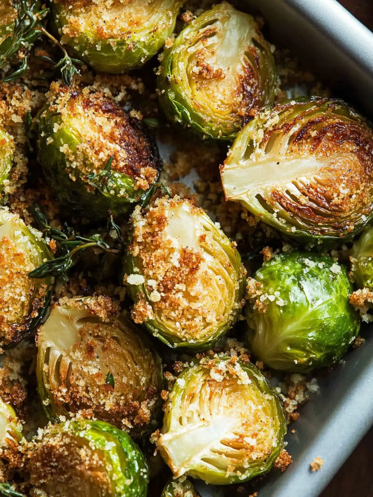 Savory Roasted Brussels Sprouts with Garlic Parmesan Crunch 2 Roasted Brussels Sprouts with Garlic Parmesan Bread Crumbs