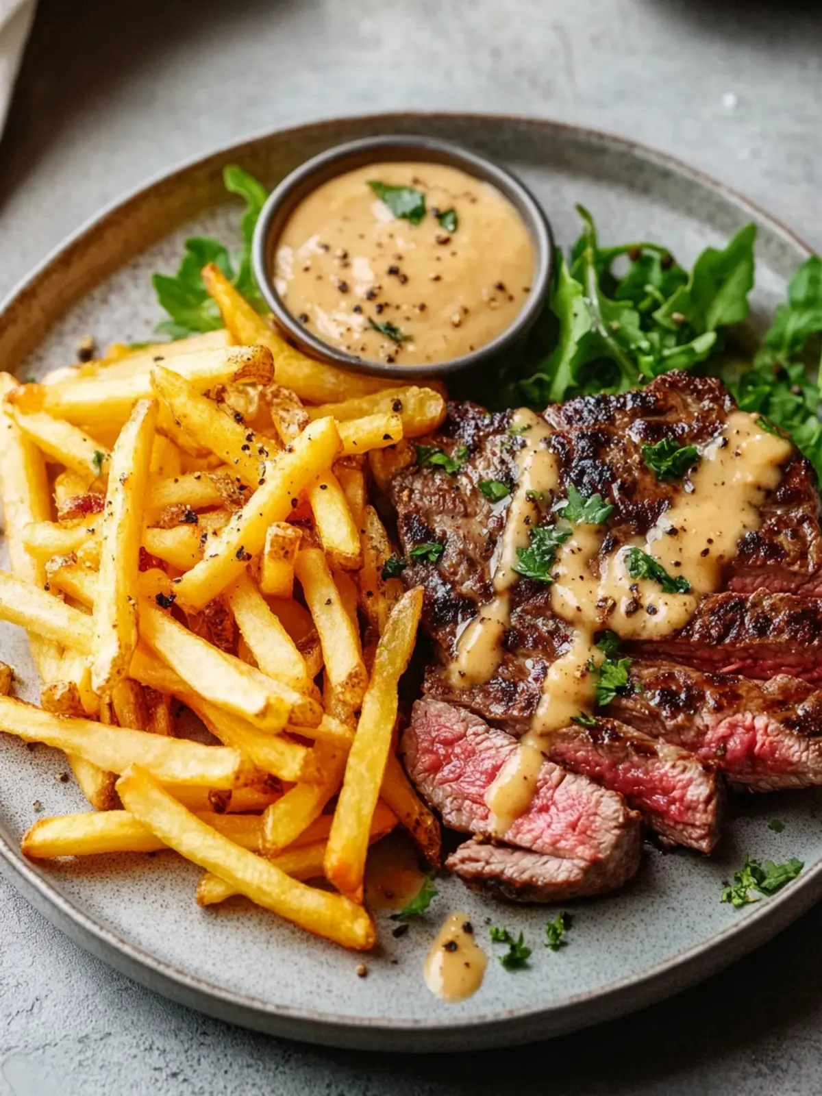 Savory Steak Frites with Creamy Green Peppercorn Sauce 3 steak frites