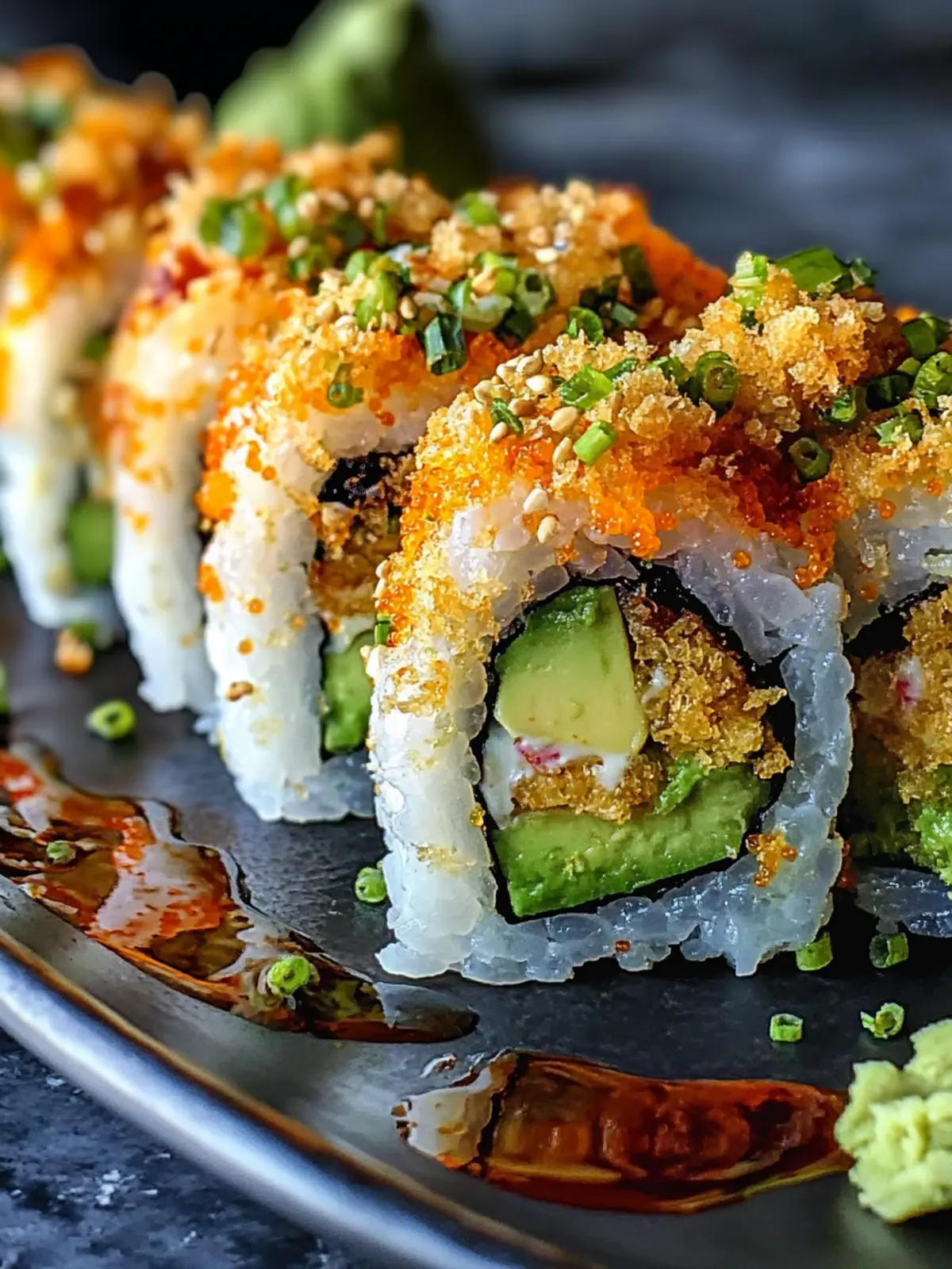 Spicy Baked Volcano Roll with Creamy Avocado Bliss 3 Spicy Baked Volcano Roll with Creamy Avocado and Crunchy Tempura Bits
