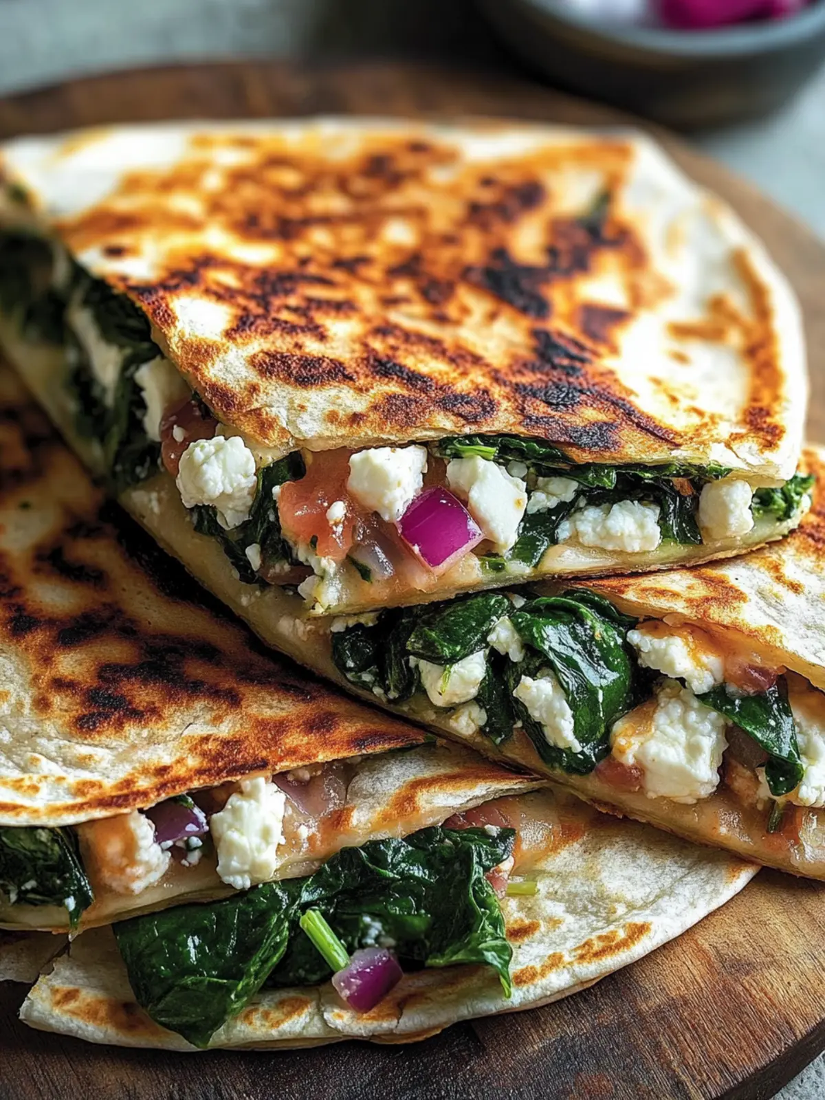 Delicious Mediterranean Quesadillas with Spinach and Feta 4 Mediterranean Quesadillas with Spinach, Feta, Mozzarella, and Red Onion