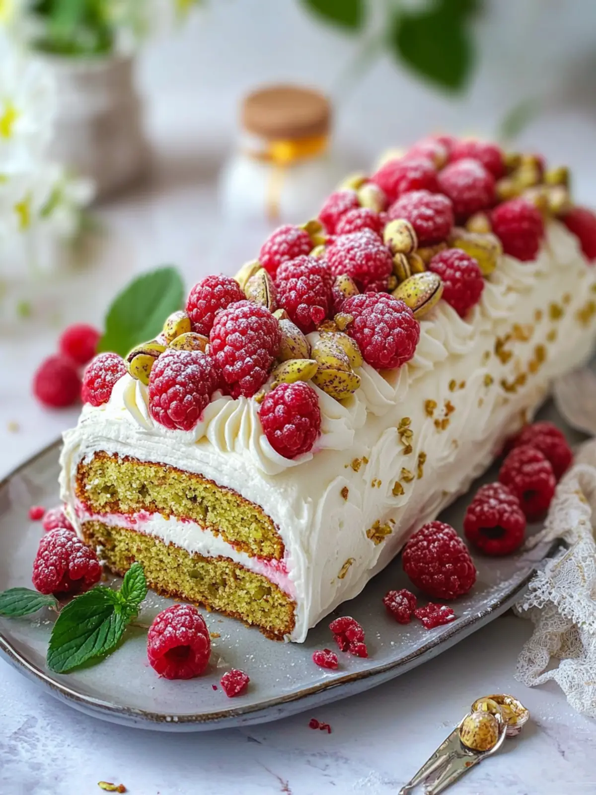 Pistachio Raspberry Swiss Roll Cake: A Dazzling Dessert Video! 2 Pistachio Raspberry Swiss Roll Cake (video)