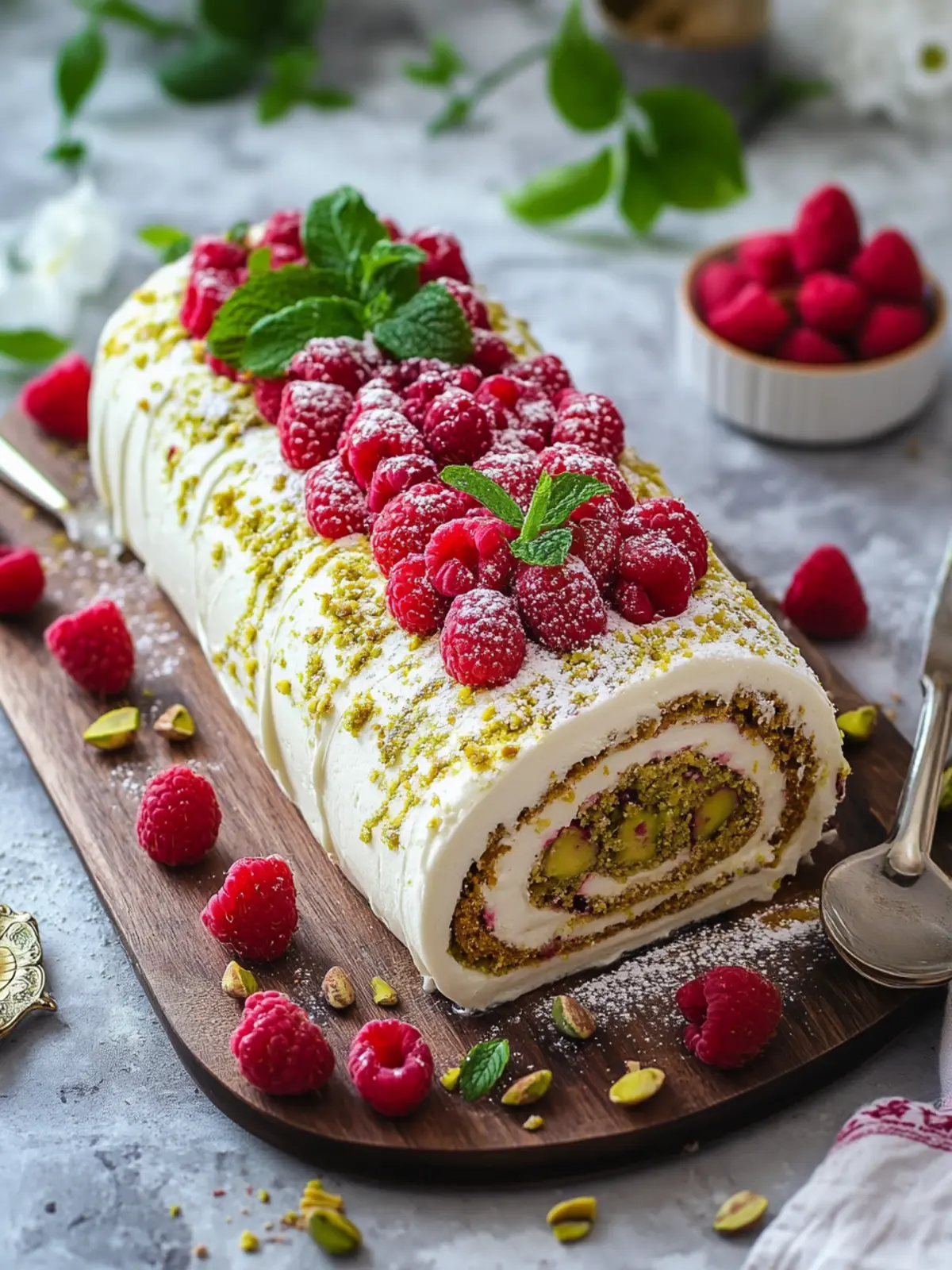 Pistachio Raspberry Swiss Roll Cake: A Dazzling Dessert Video! 4 Pistachio Raspberry Swiss Roll Cake (video)