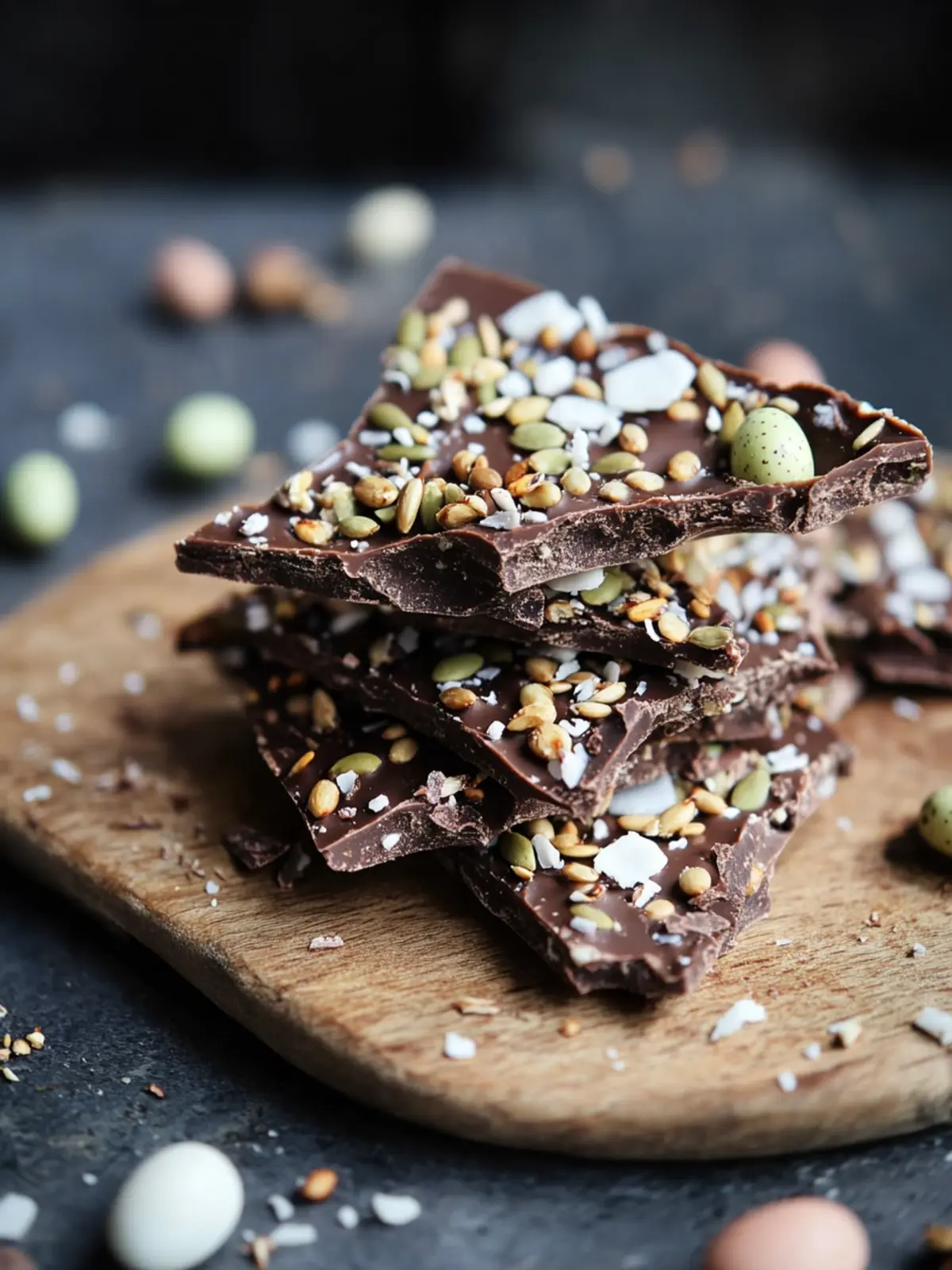Coconut & Seed Dark Chocolate Bark with Mini Eggs Bliss 3 Coconut & Seed Dark Chocolate Bark topped with Mini Eggs