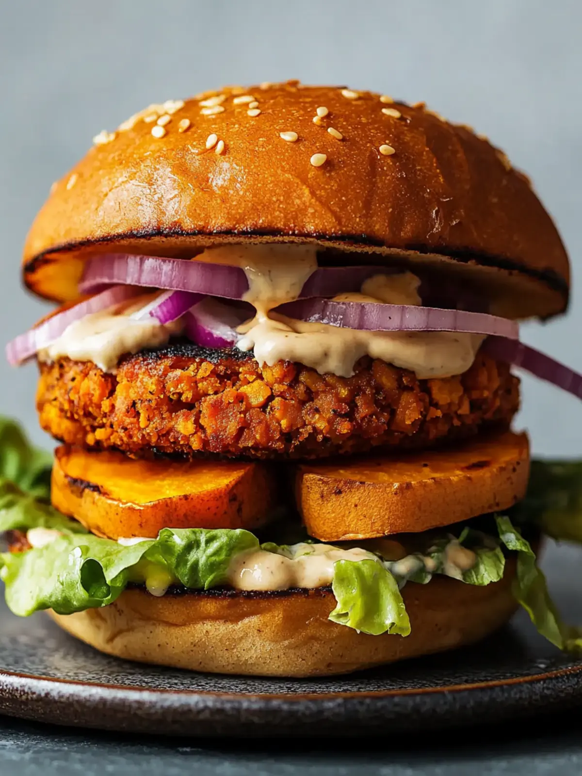 Savory Chickpea and Sweet Potato Vegan Burger with Tahini Twist 2 Chickpea and Sweet Potato Vegan Burger with Creamy Lemon Tahini Dressing