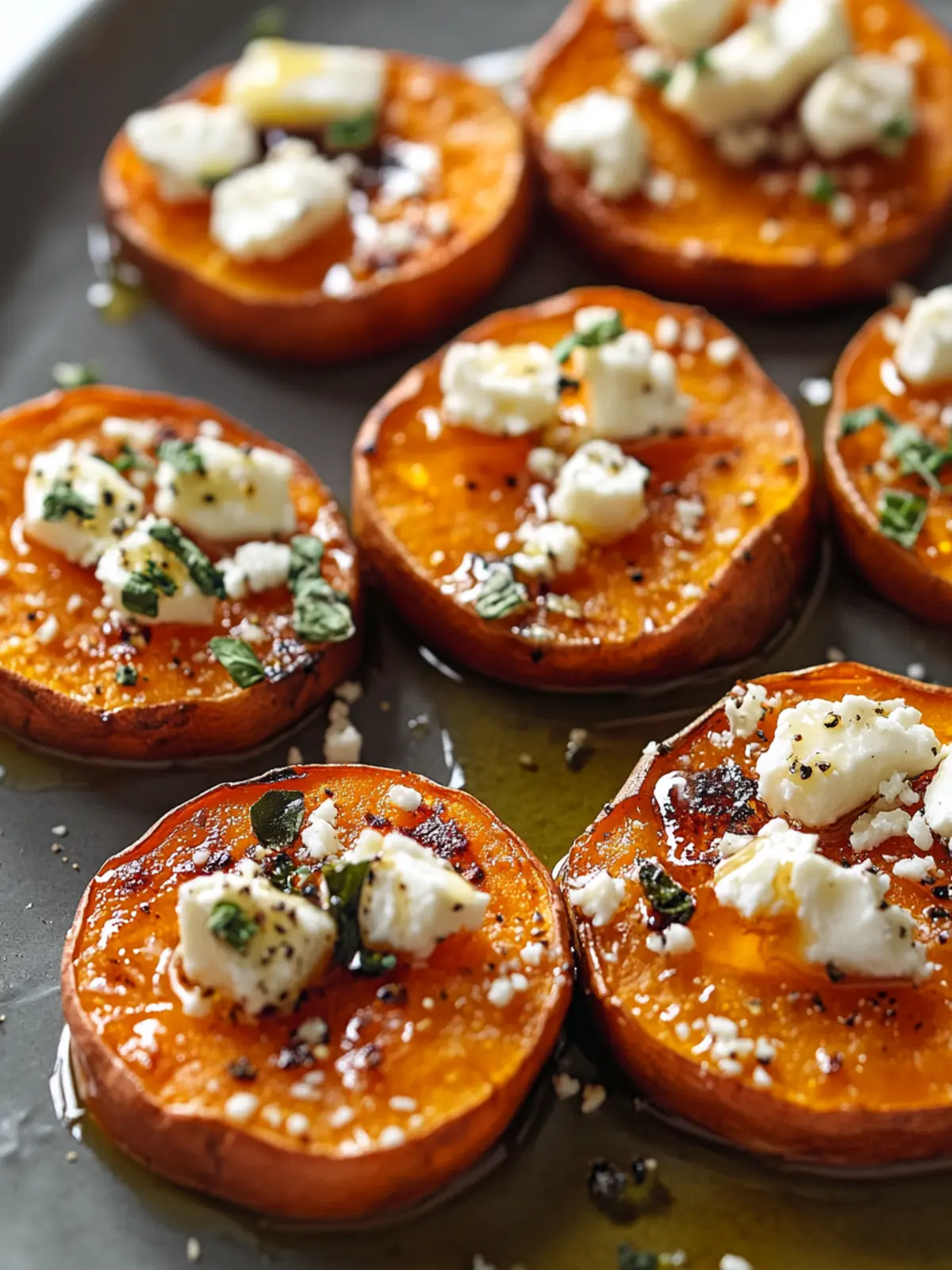 Savory Roasted Sweet Potato Rounds with Honey & Feta Bliss 3 Roasted Sweet Potato Rounds with Honey & Feta