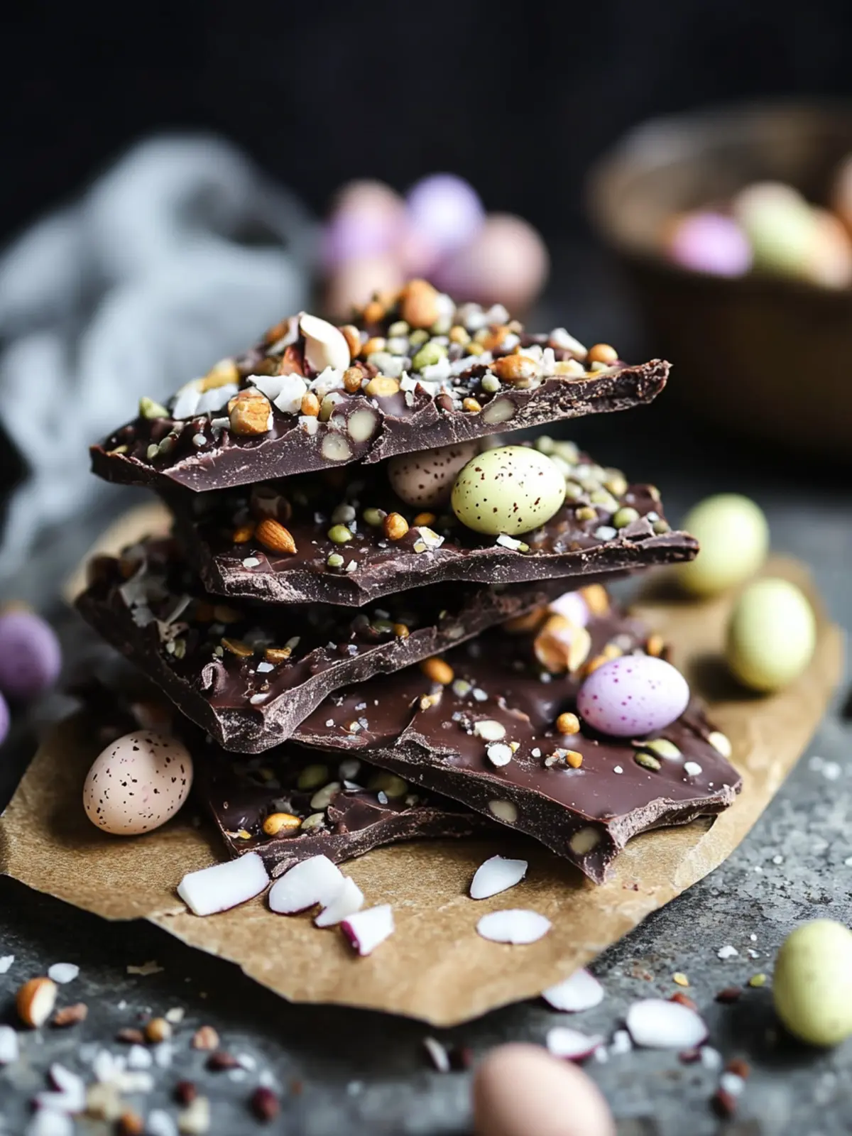 Coconut & Seed Dark Chocolate Bark with Mini Eggs Bliss 2 Coconut & Seed Dark Chocolate Bark topped with Mini Eggs