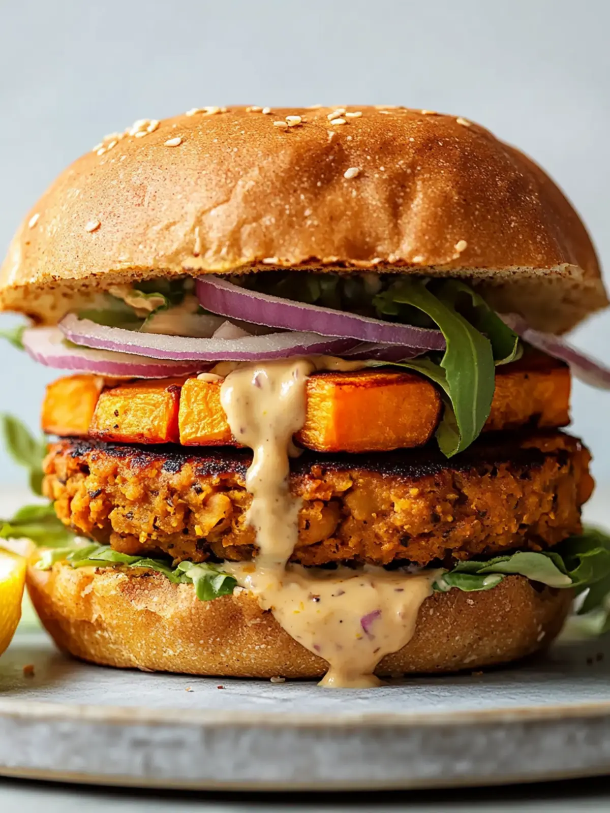 Savory Chickpea and Sweet Potato Vegan Burger with Tahini Twist 4 Chickpea and Sweet Potato Vegan Burger with Creamy Lemon Tahini Dressing