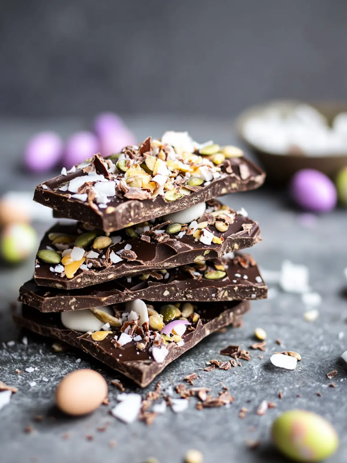 Coconut & Seed Dark Chocolate Bark with Mini Eggs Bliss 4 Coconut & Seed Dark Chocolate Bark topped with Mini Eggs
