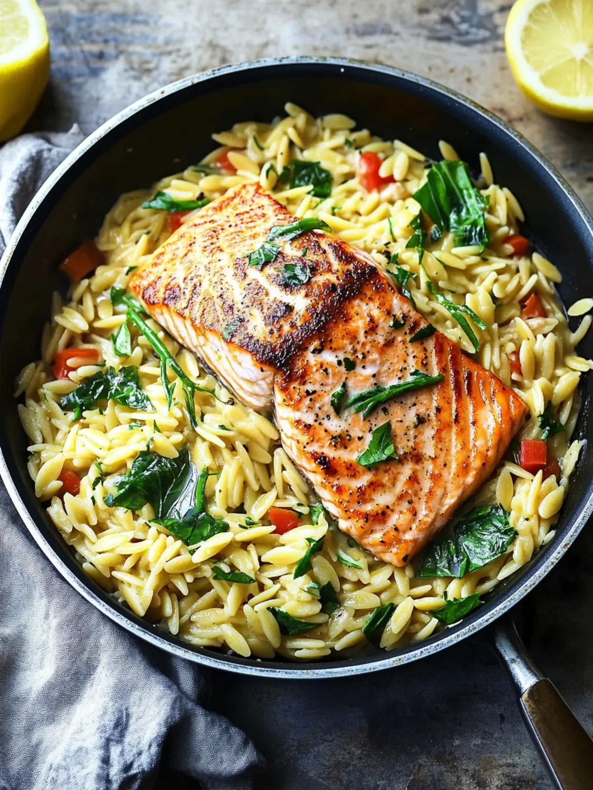 One Skillet Salmon with Lemon Orzo for a Cozy Dinner Delight 3 One Skillet Salmon with Lemon Orzo