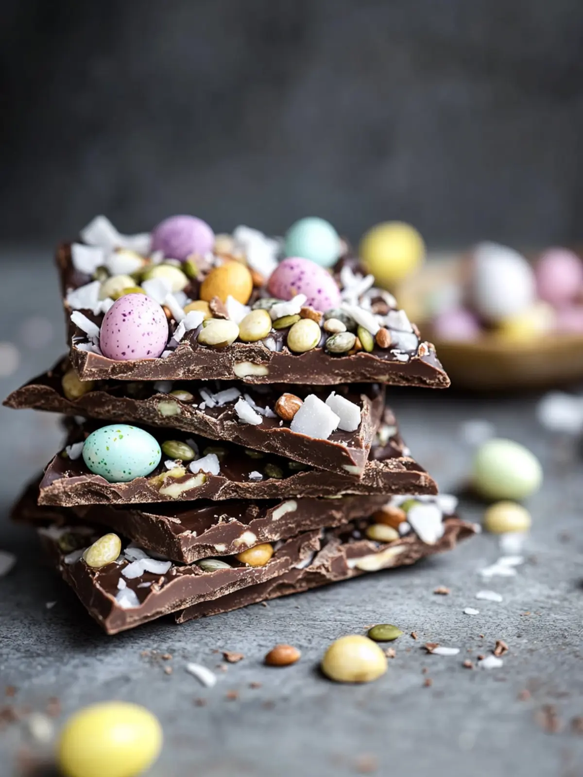 Coconut & Seed Dark Chocolate Bark with Mini Eggs Bliss 5 Coconut & Seed Dark Chocolate Bark topped with Mini Eggs