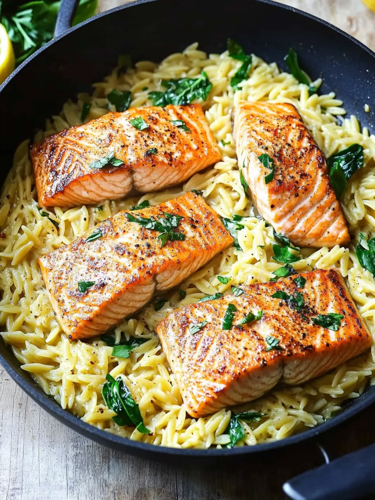 One Skillet Salmon with Lemon Orzo for a Cozy Dinner Delight 5 One Skillet Salmon with Lemon Orzo