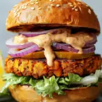 Savory Chickpea and Sweet Potato Vegan Burger with Tahini Twist 3 Chickpea and Sweet Potato Vegan Burger with Creamy Lemon Tahini Dressing