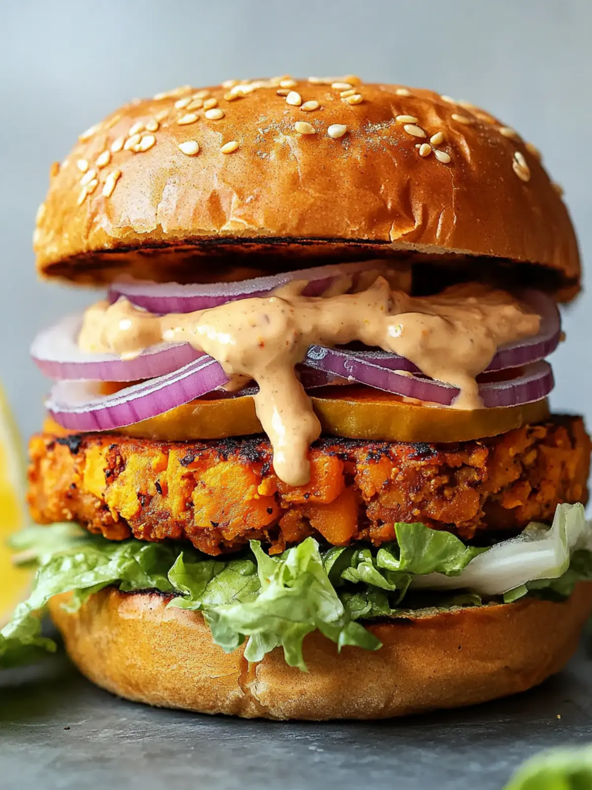 Savory Chickpea and Sweet Potato Vegan Burger with Tahini Twist 5 Chickpea and Sweet Potato Vegan Burger with Creamy Lemon Tahini Dressing