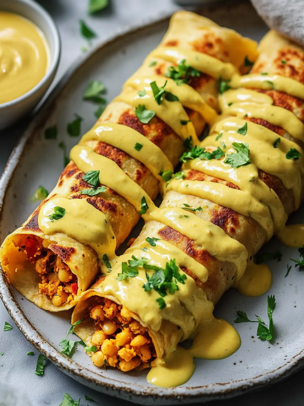 Crispy Baked or Air-Fried Chickpea Taquitos with Spicy Vegan Cheese Sauce Recipe 3 Baked or Air-Fried Chickpea Taquitos with Spicy Vegan Cheese Sauce Recipe