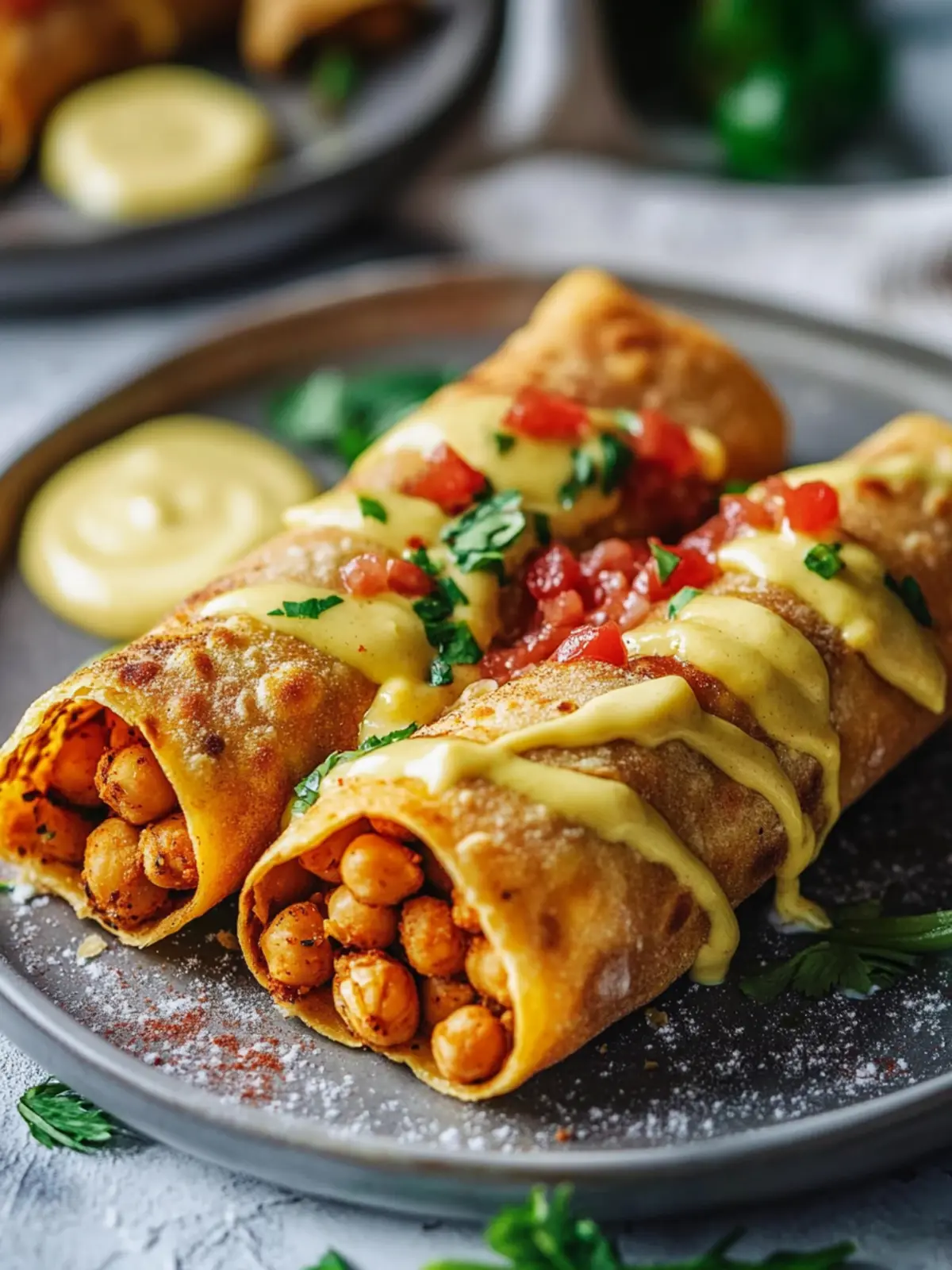Crispy Baked or Air-Fried Chickpea Taquitos with Spicy Vegan Cheese Sauce Recipe 2 Baked or Air-Fried Chickpea Taquitos with Spicy Vegan Cheese Sauce Recipe