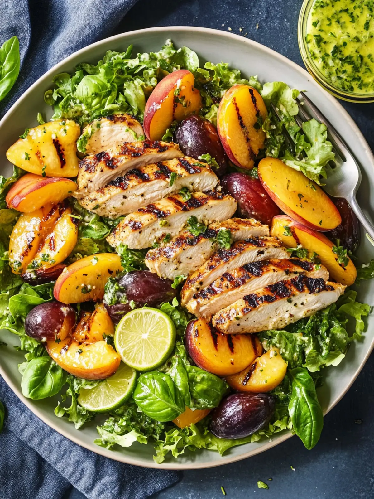 Grilled Chicken Salad with Peaches and Lime-Basil Bliss 4 Grilled Chicken Salad with Peaches and Lime-Basil Dressing