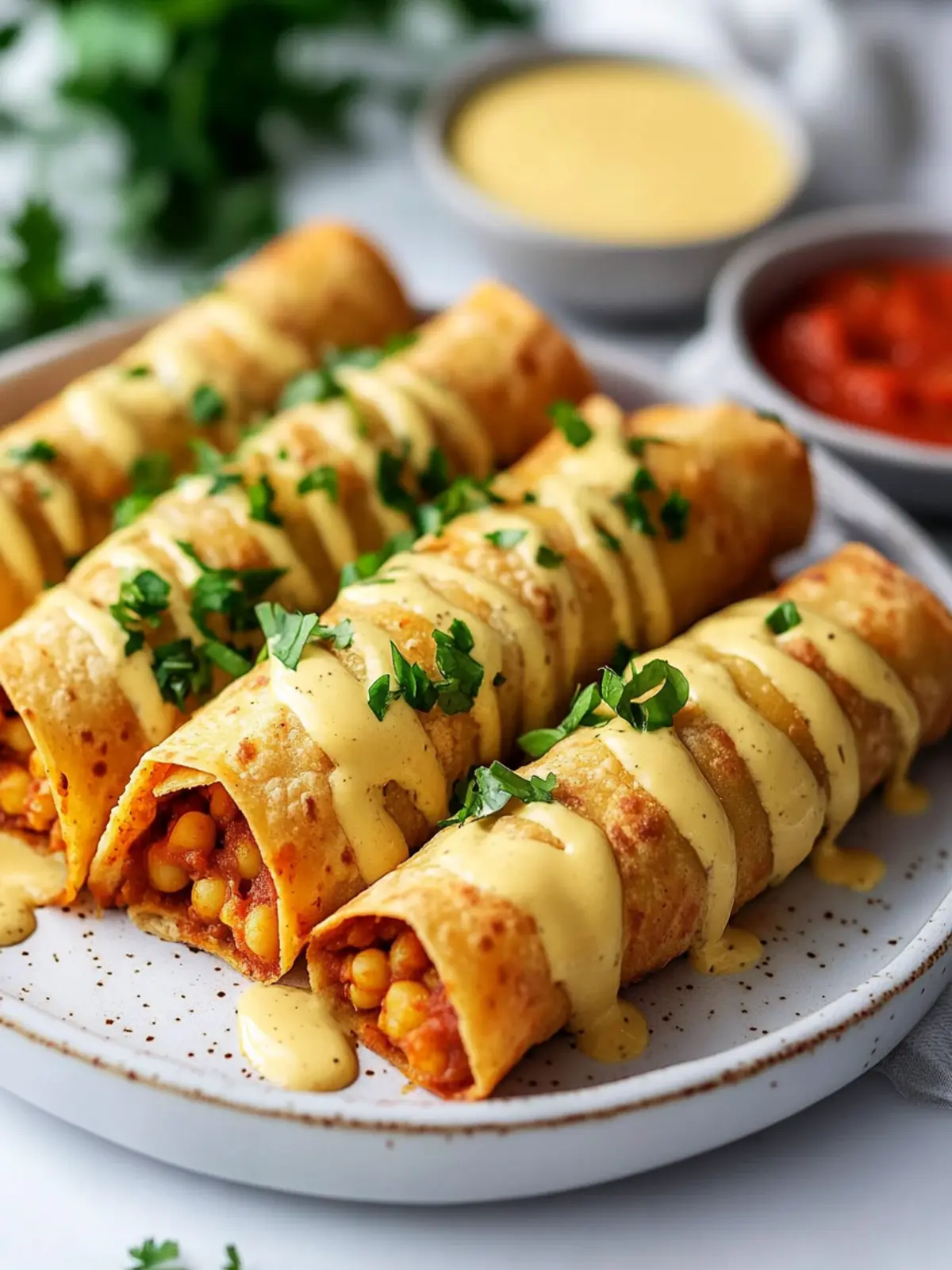 Crispy Baked or Air-Fried Chickpea Taquitos with Spicy Vegan Cheese Sauce Recipe 4 Baked or Air-Fried Chickpea Taquitos with Spicy Vegan Cheese Sauce Recipe