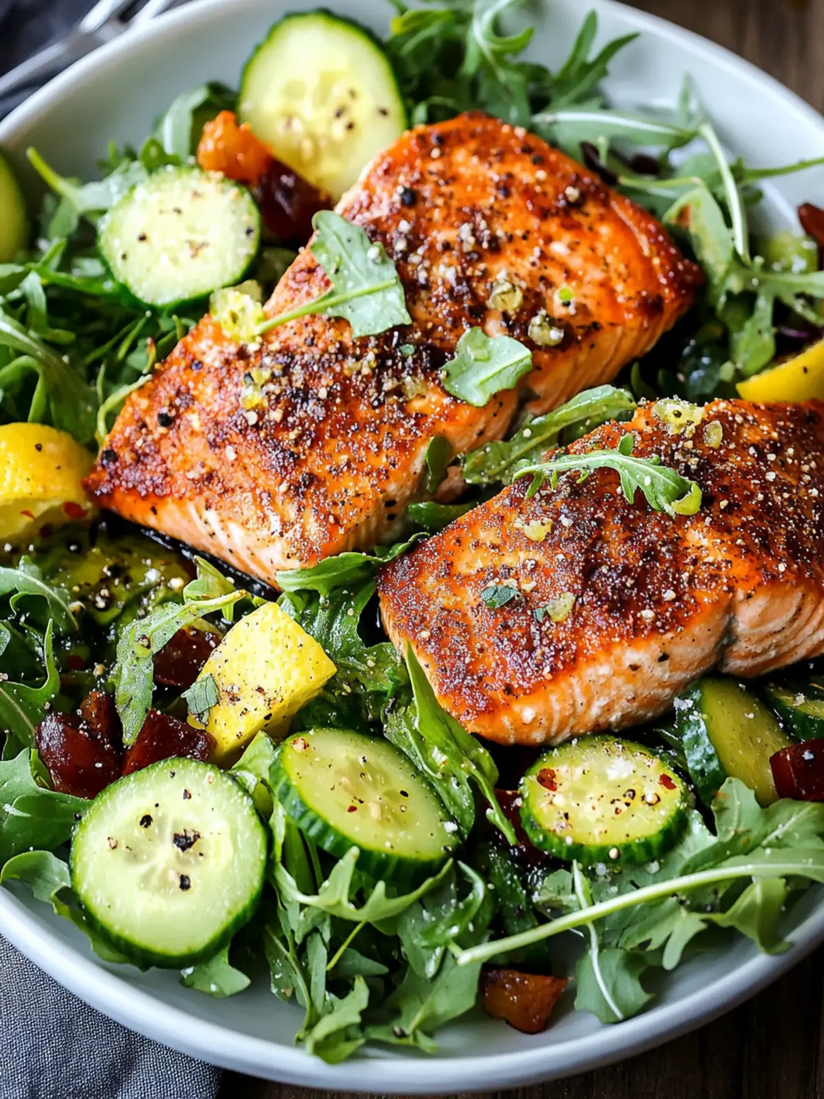 Citrus Oven Baked Salmon over Arugula Cucumber Salad Bliss 4 Citrus Oven Baked Salmon over Arugula Cucumber Salad