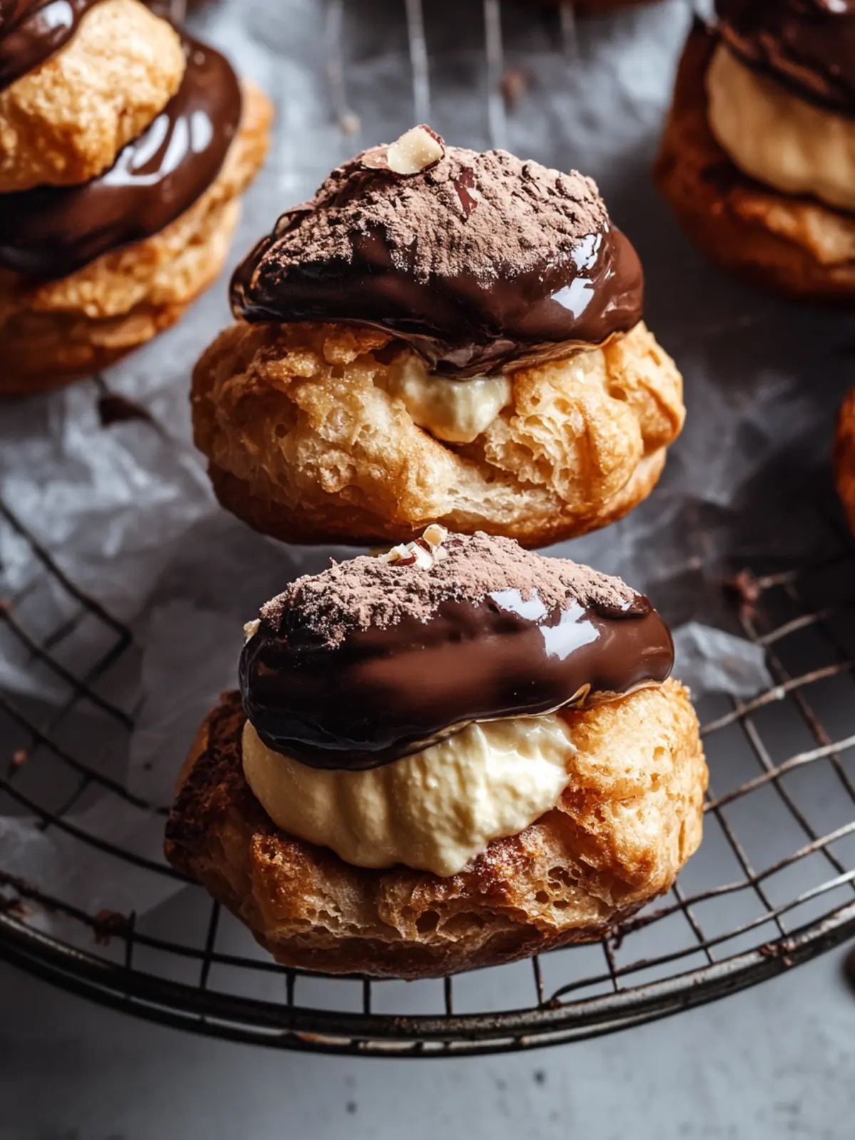 Chocolate Craquelin Cream Puffs with Hazelnut Filling Delight 2 Chocolate Craquelin Cream Puffs with Hazelnut Filling