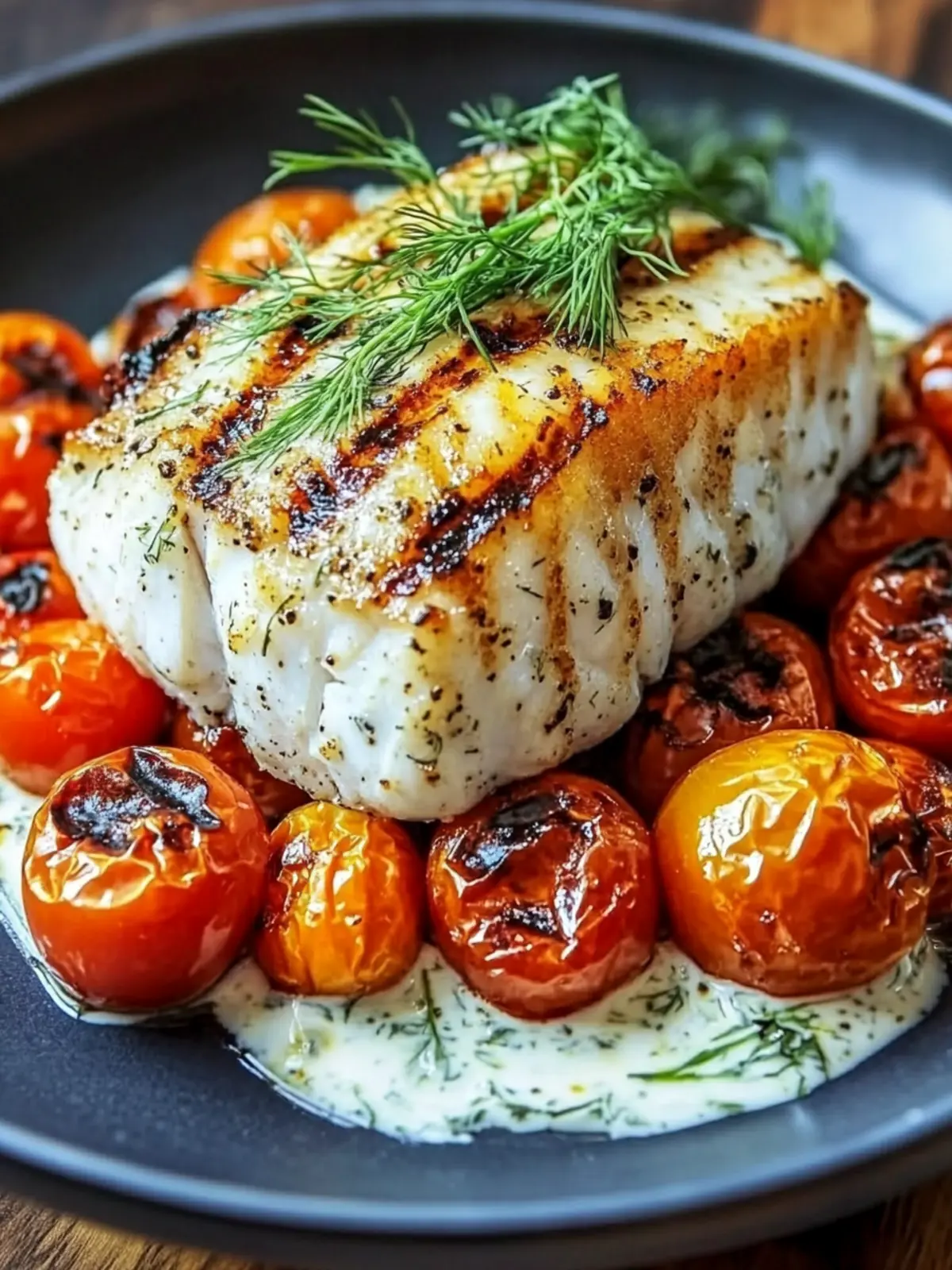 Grilled Cod with Roasted Tomatoes & Creamy Dill Sauce Bliss 2 Grilled Cod with Roasted Tomatoes & Creamy Dill Sauce