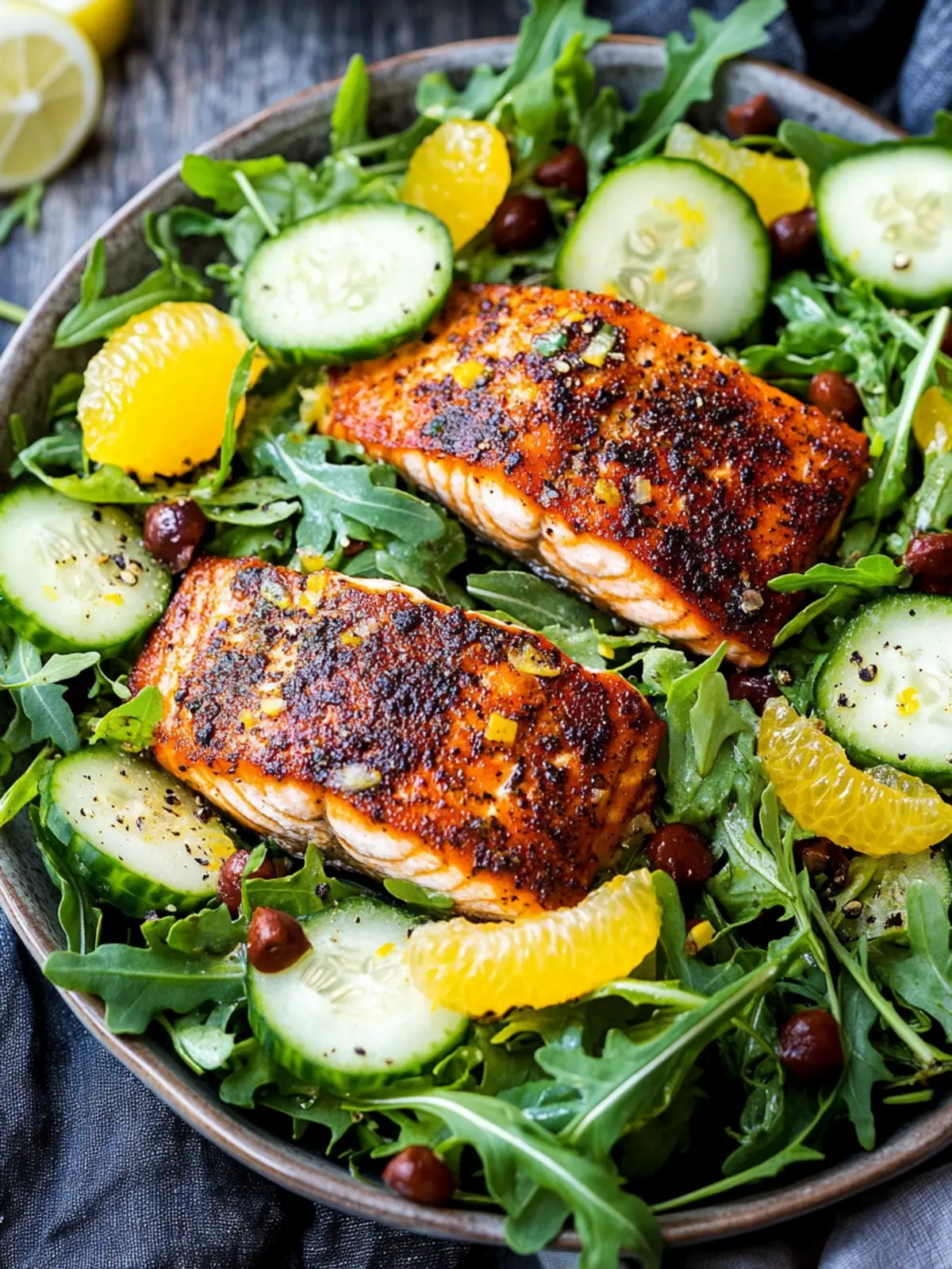 Citrus Oven Baked Salmon over Arugula Cucumber Salad Bliss 2 Citrus Oven Baked Salmon over Arugula Cucumber Salad