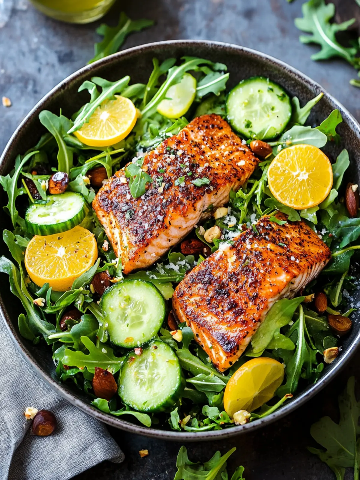Citrus Oven Baked Salmon over Arugula Cucumber Salad Bliss 3 Citrus Oven Baked Salmon over Arugula Cucumber Salad