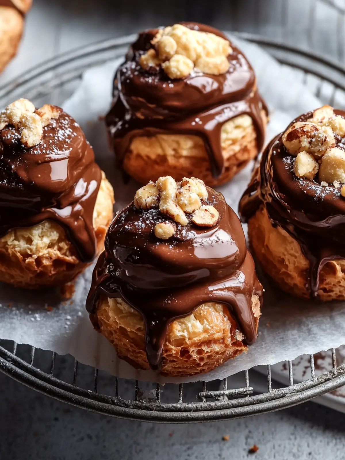 Chocolate Craquelin Cream Puffs with Hazelnut Filling Delight 4 Chocolate Craquelin Cream Puffs with Hazelnut Filling