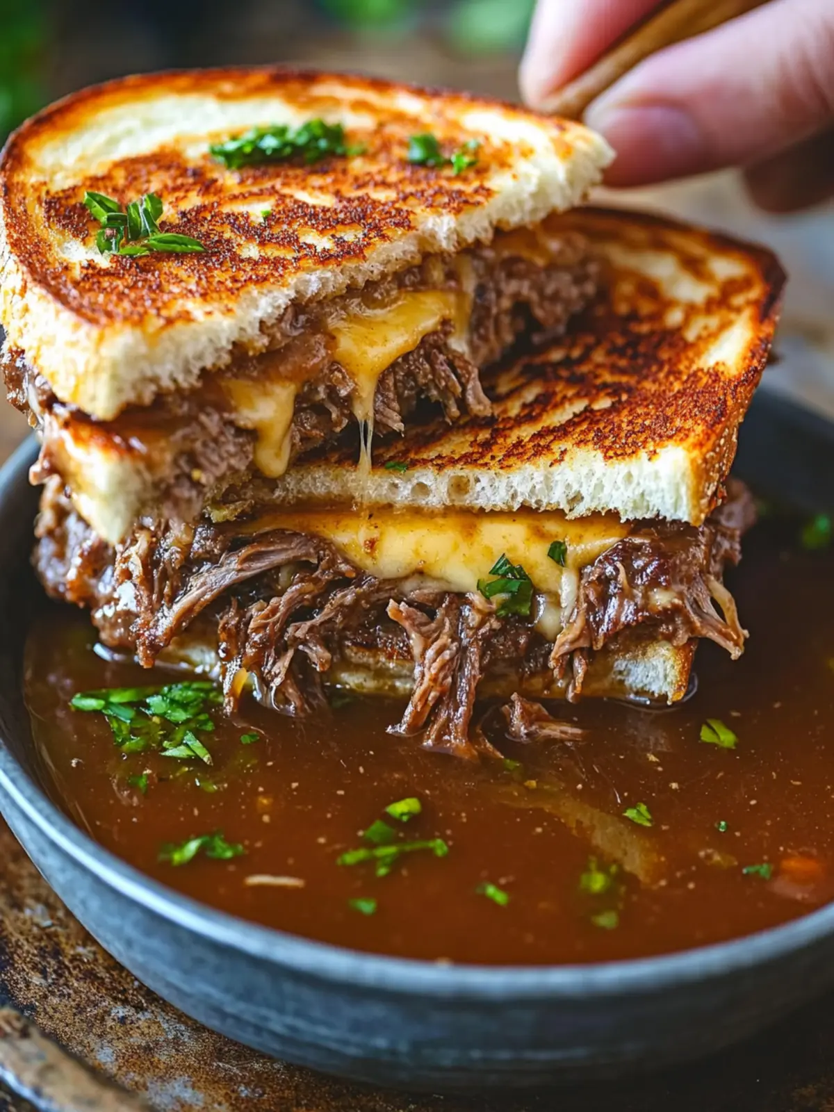 Mouthwatering Pot Roast Grilled Cheese French Dip with Spicy Miso Au Jus 4 Pot Roast Grilled Cheese French Dip Sandwich with Spicy Miso Au Jus