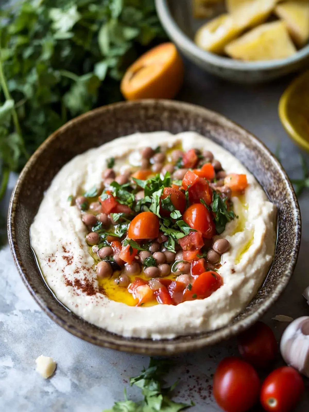 Delicious Black Eyed Pea Dip with Tahini and Spicy Salsa 2 Black eyed pea dip with tahini, tomatoes, garlic and hot peppers