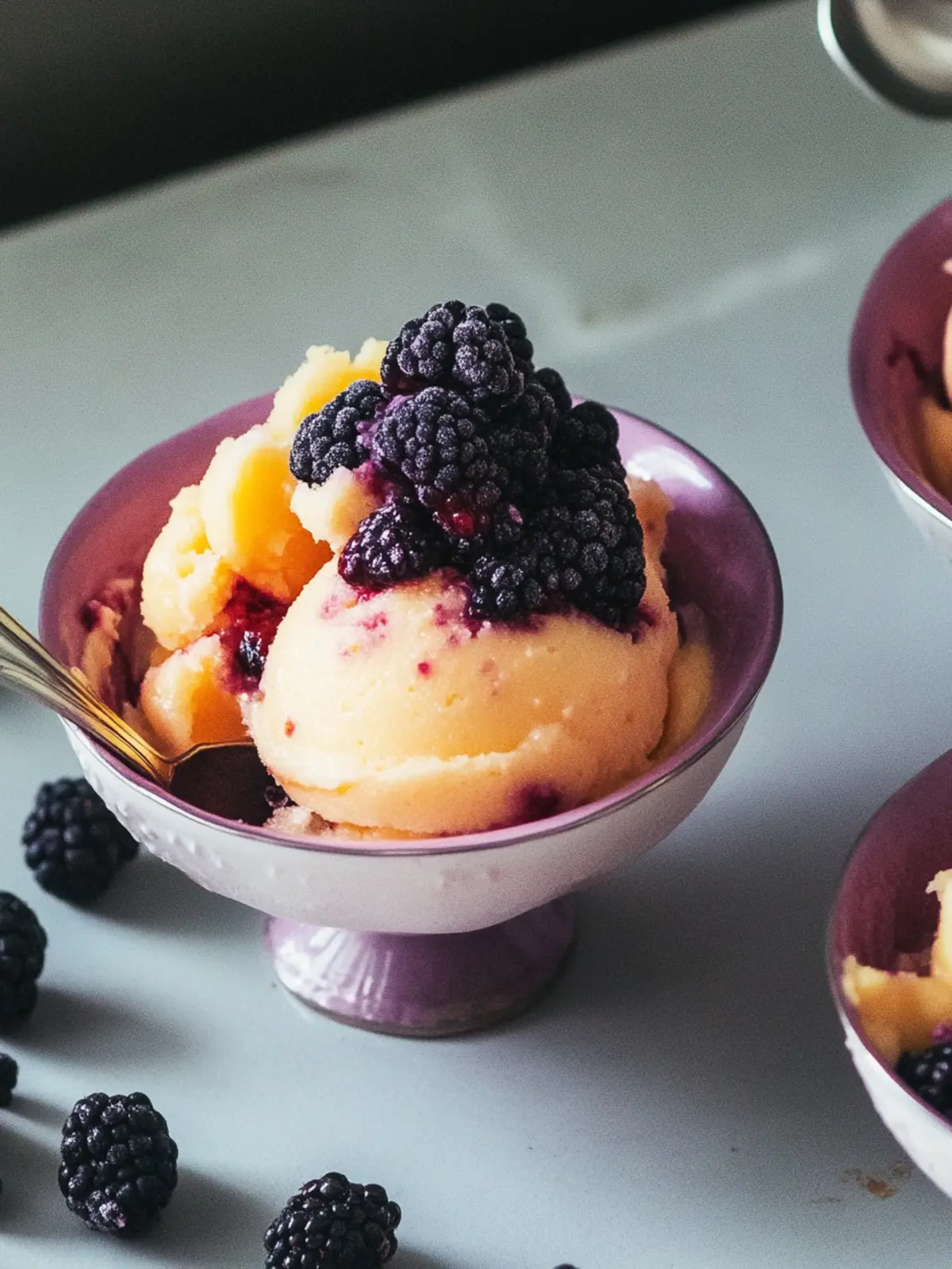 Cool Down with Peach Lassi Sorbet and Blackberries Bliss 3 Peach Lassi Sorbet With Crushed Blackberries