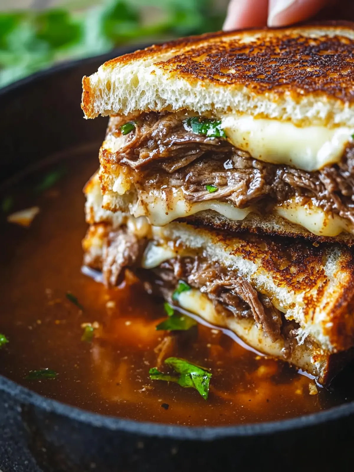 Mouthwatering Pot Roast Grilled Cheese French Dip with Spicy Miso Au Jus 2 Pot Roast Grilled Cheese French Dip Sandwich with Spicy Miso Au Jus