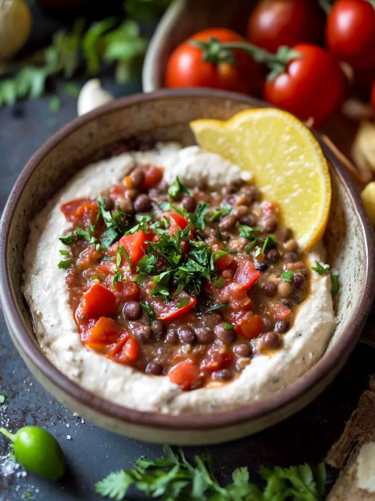 Delicious Black Eyed Pea Dip with Tahini and Spicy Salsa 4 Black eyed pea dip with tahini, tomatoes, garlic and hot peppers