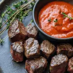 Savory Steak Bites with Creamy Roasted Red Pepper Sauce 10 Steak Bites with Roasted Red Pepper Sauce