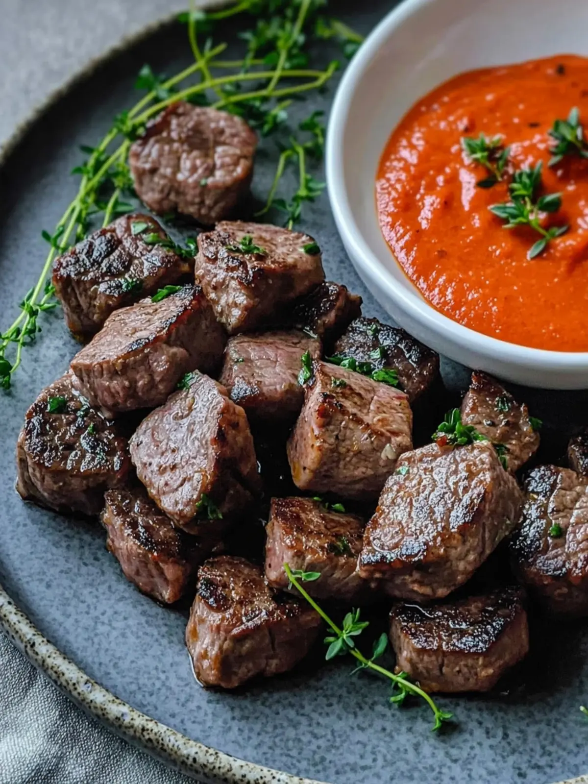 Savory Steak Bites with Creamy Roasted Red Pepper Sauce 2 Steak Bites with Roasted Red Pepper Sauce