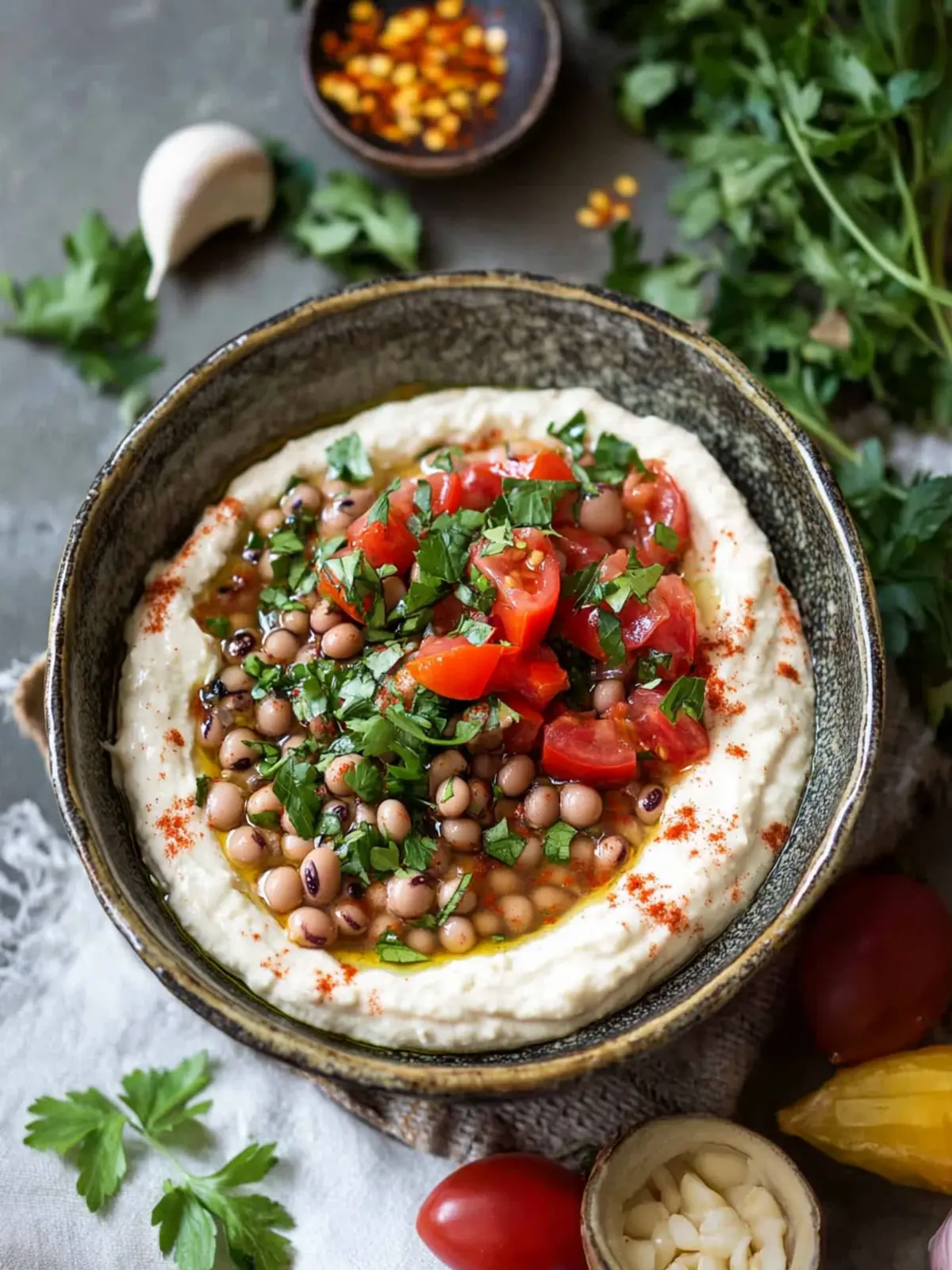 Delicious Black Eyed Pea Dip with Tahini and Spicy Salsa 5 Black eyed pea dip with tahini, tomatoes, garlic and hot peppers