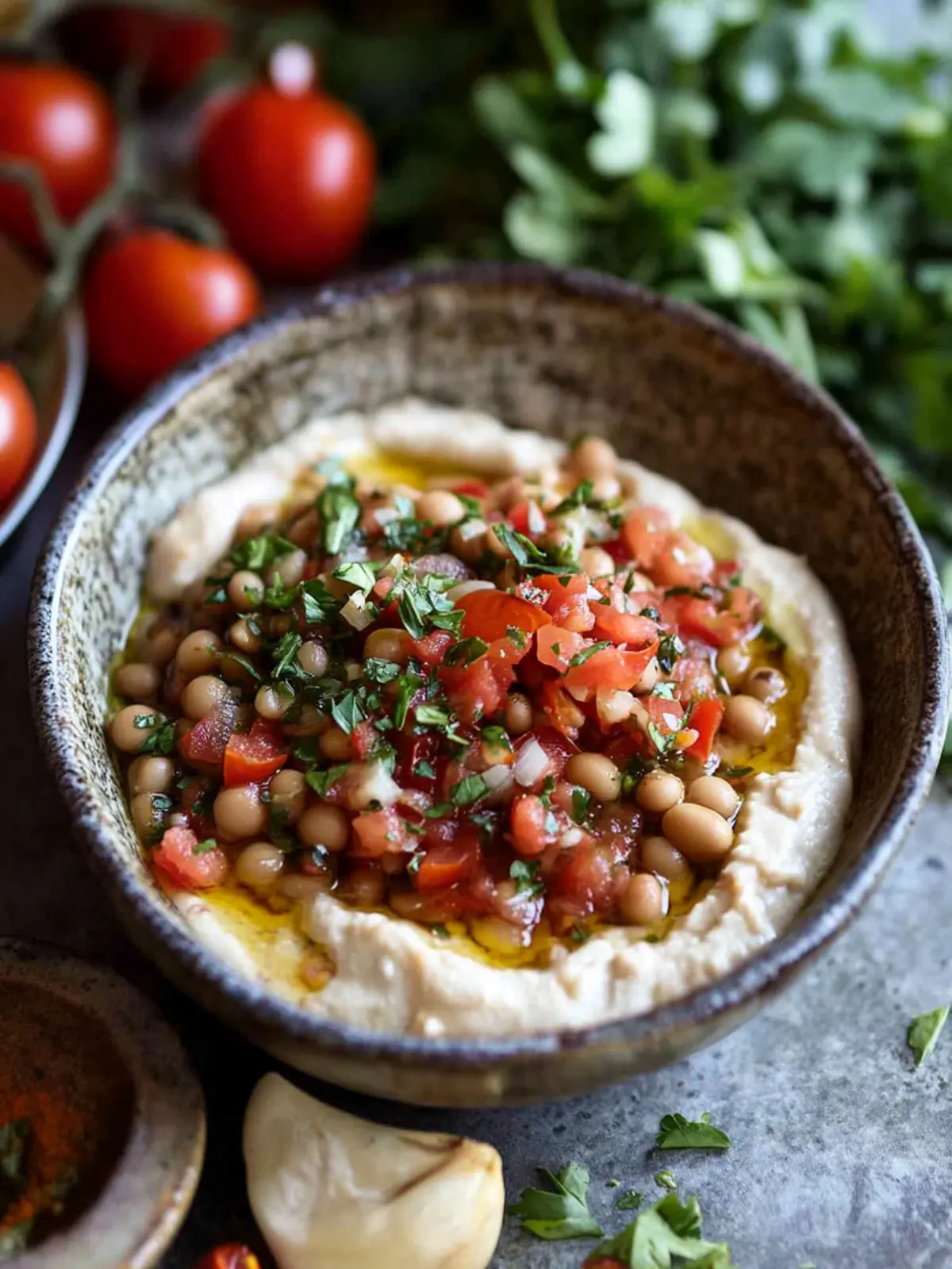 Delicious Black Eyed Pea Dip with Tahini and Spicy Salsa 3 Black eyed pea dip with tahini, tomatoes, garlic and hot peppers
