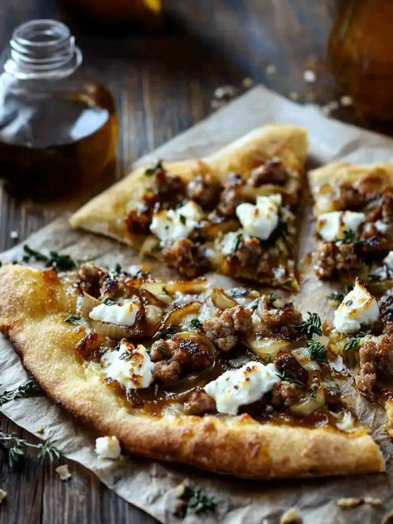 Sausage Pizza with Caramelized Onions and Goat Cheese