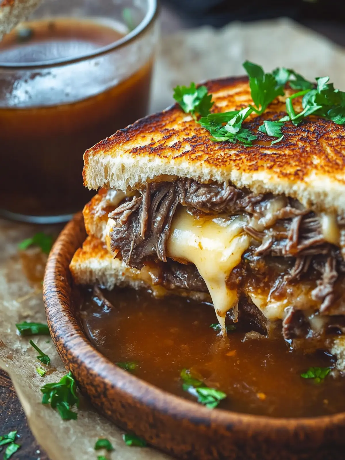 Mouthwatering Pot Roast Grilled Cheese French Dip with Spicy Miso Au Jus 3 Pot Roast Grilled Cheese French Dip Sandwich with Spicy Miso Au Jus