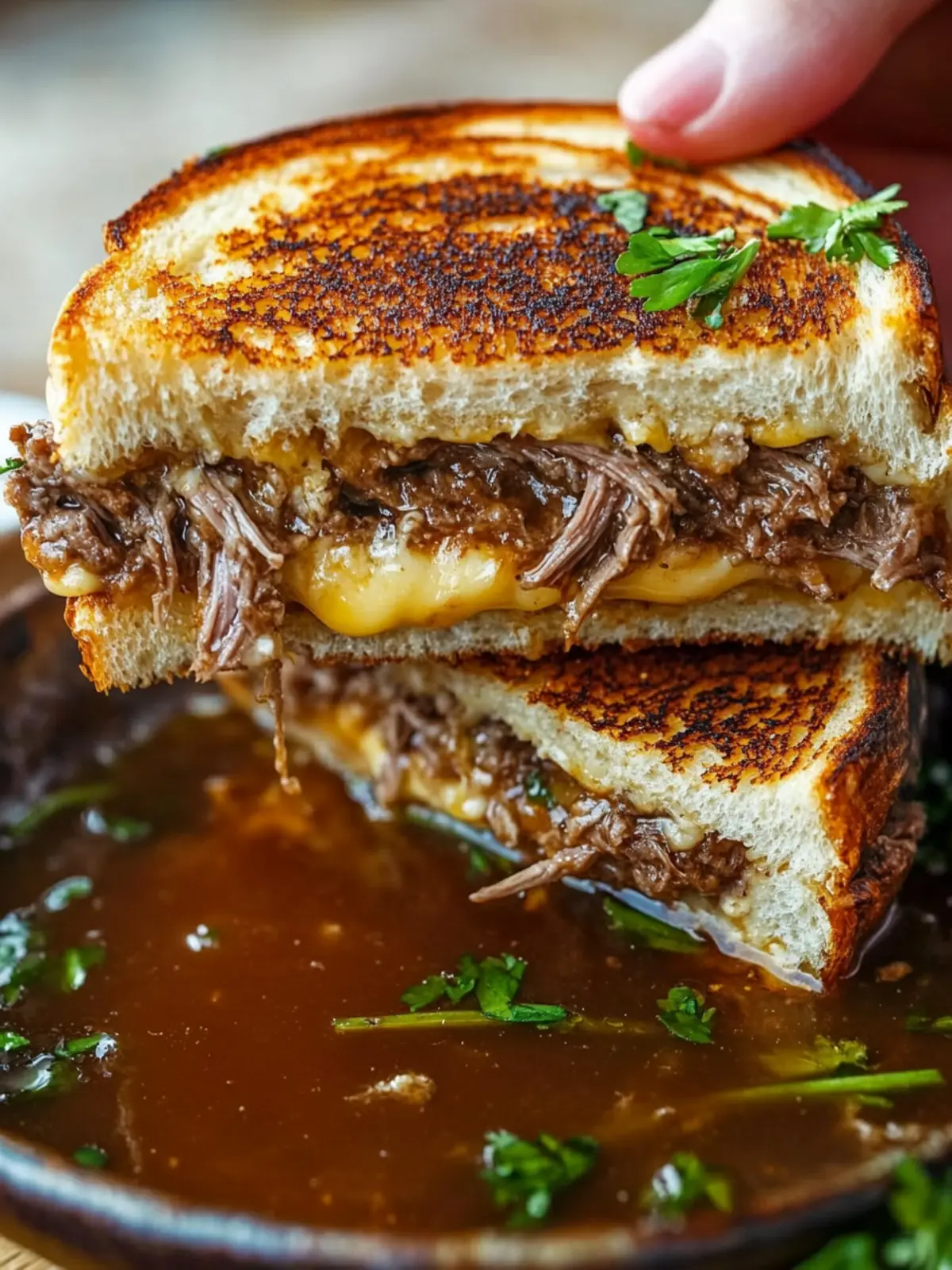 Mouthwatering Pot Roast Grilled Cheese French Dip with Spicy Miso Au Jus 5 Pot Roast Grilled Cheese French Dip Sandwich with Spicy Miso Au Jus