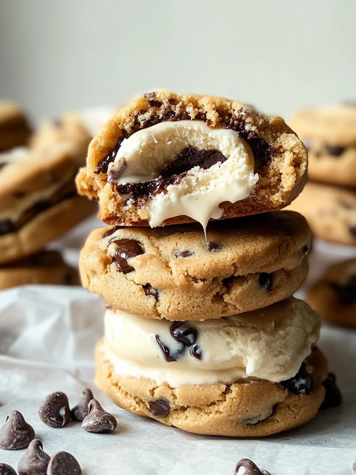 Decadent Mini Brown Butter Chocolate Chip Ice Cream Sandwiches 3 Mini Brown Butter Chocolate Chip Cookie Ice Cream Sandwiches with Olive Oil & Honeycomb Vanilla Bean Ice Cream