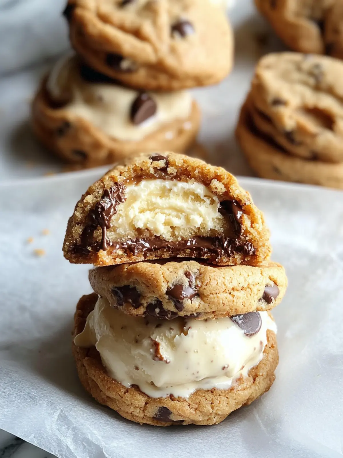 Decadent Mini Brown Butter Chocolate Chip Ice Cream Sandwiches 2 Mini Brown Butter Chocolate Chip Cookie Ice Cream Sandwiches with Olive Oil & Honeycomb Vanilla Bean Ice Cream