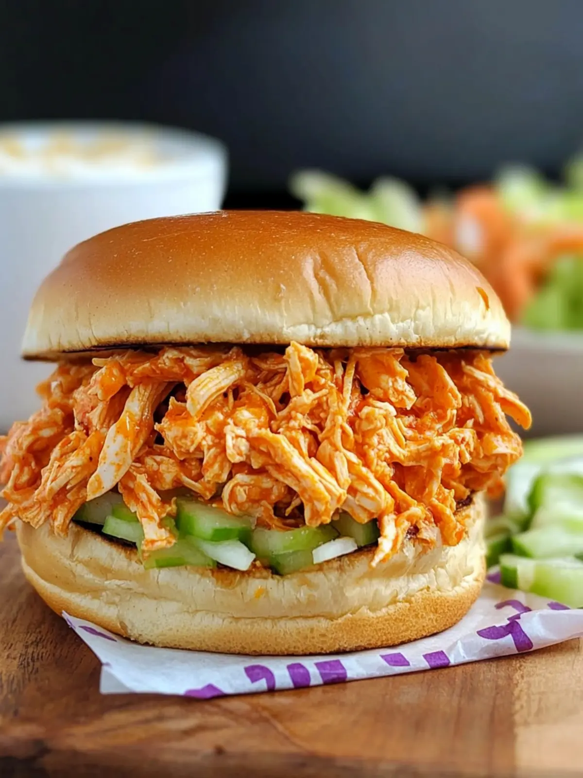No Cook Shredded Buffalo Chicken Sandwich with Rotisserie Goodness 2 No Cook Shredded Buffalo Chicken Sandwich (with rotisserie chicken)