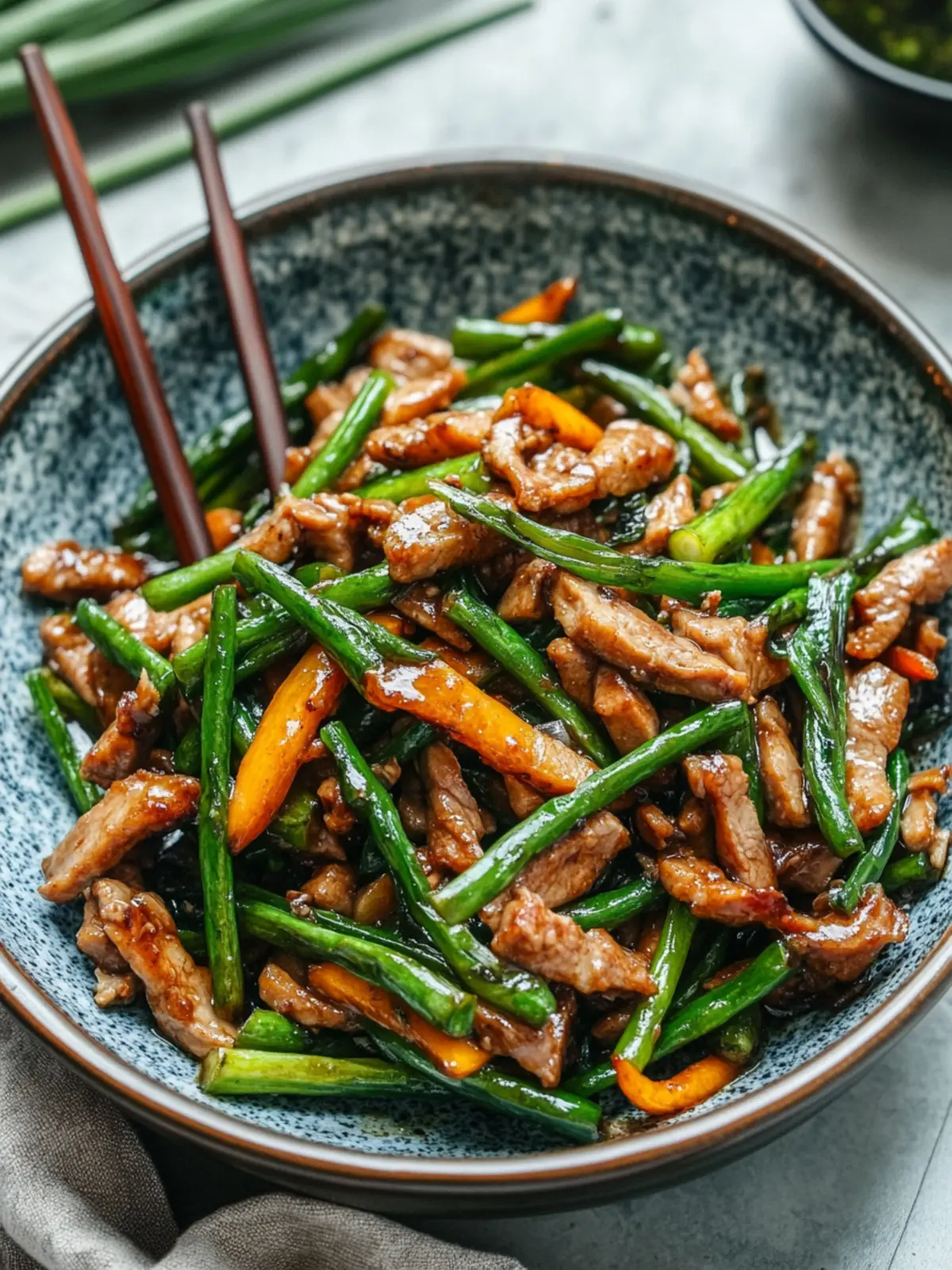 Savory Garlic Scape Stir Fry with Pork for Quick Dinners 3 Garlic Scape Stir Fry with Pork (蒜苔炒肉丝)