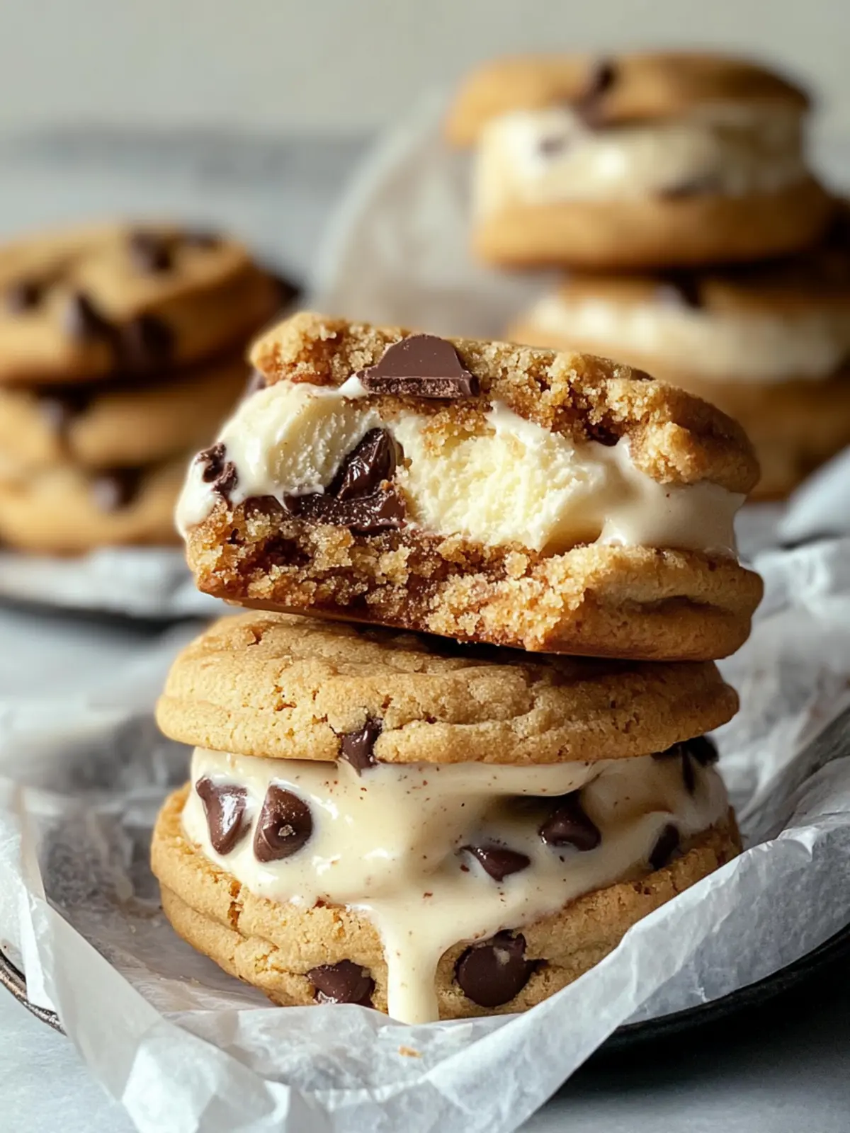 Decadent Mini Brown Butter Chocolate Chip Ice Cream Sandwiches 5 Mini Brown Butter Chocolate Chip Cookie Ice Cream Sandwiches with Olive Oil & Honeycomb Vanilla Bean Ice Cream